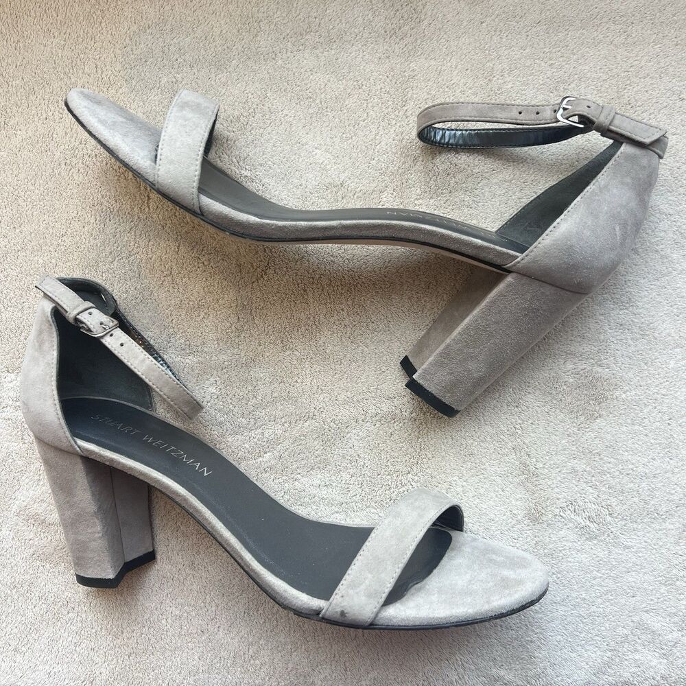 Stuart Weitzman Amelina Gray Suede Block Heel Sandals Women 10 M Minimalist